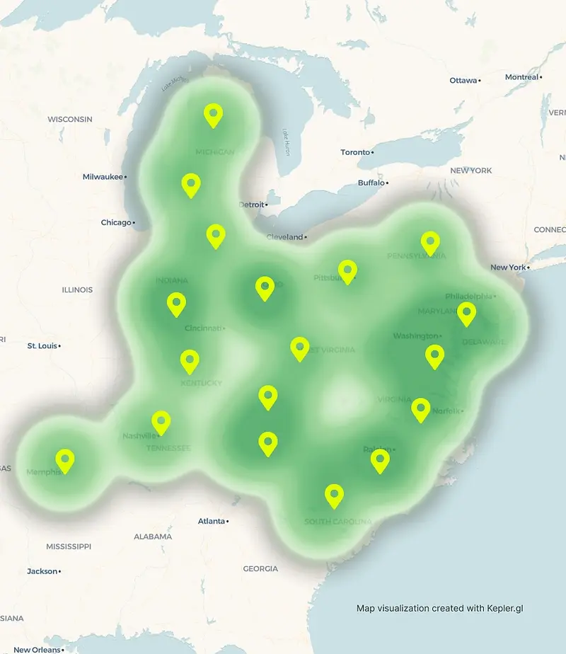 LightSkye Energy service coverage map showing 9 states